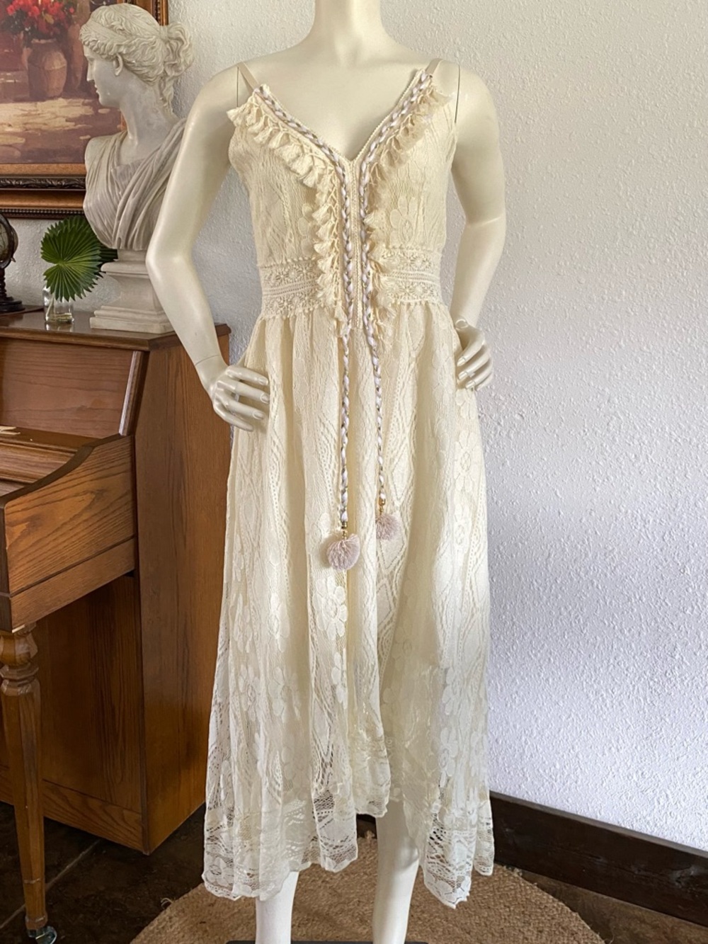 Cream Lace Maxi Dress with Tassel Tie
